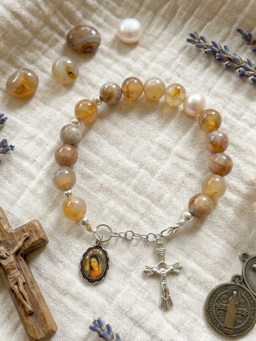 Handcrafted Agate Rosary Bracelet with OUR LADY DE GUADELUPE Charm
